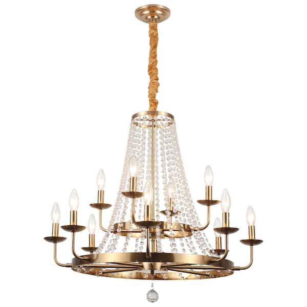 12-Light Gold Empire Teardrop Chandelier with Clear Crystal Accents, Adjustable Chain Wagon Wheel Chandelier