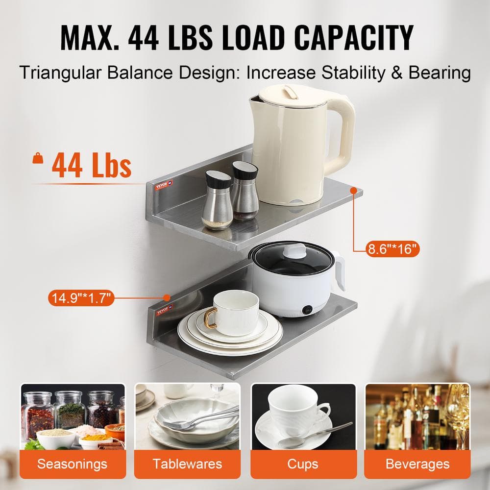 Stainless Steel Wall Mounted Kitchen Floating Shelves Set