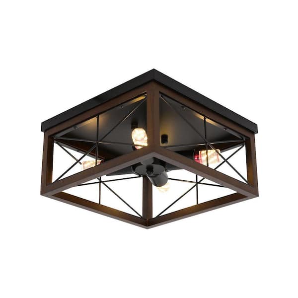 12.59 in. 4-Light Industrial Style Black and Brown Square Semi-Flush Mount Ceiling Light with No Bulbs Included