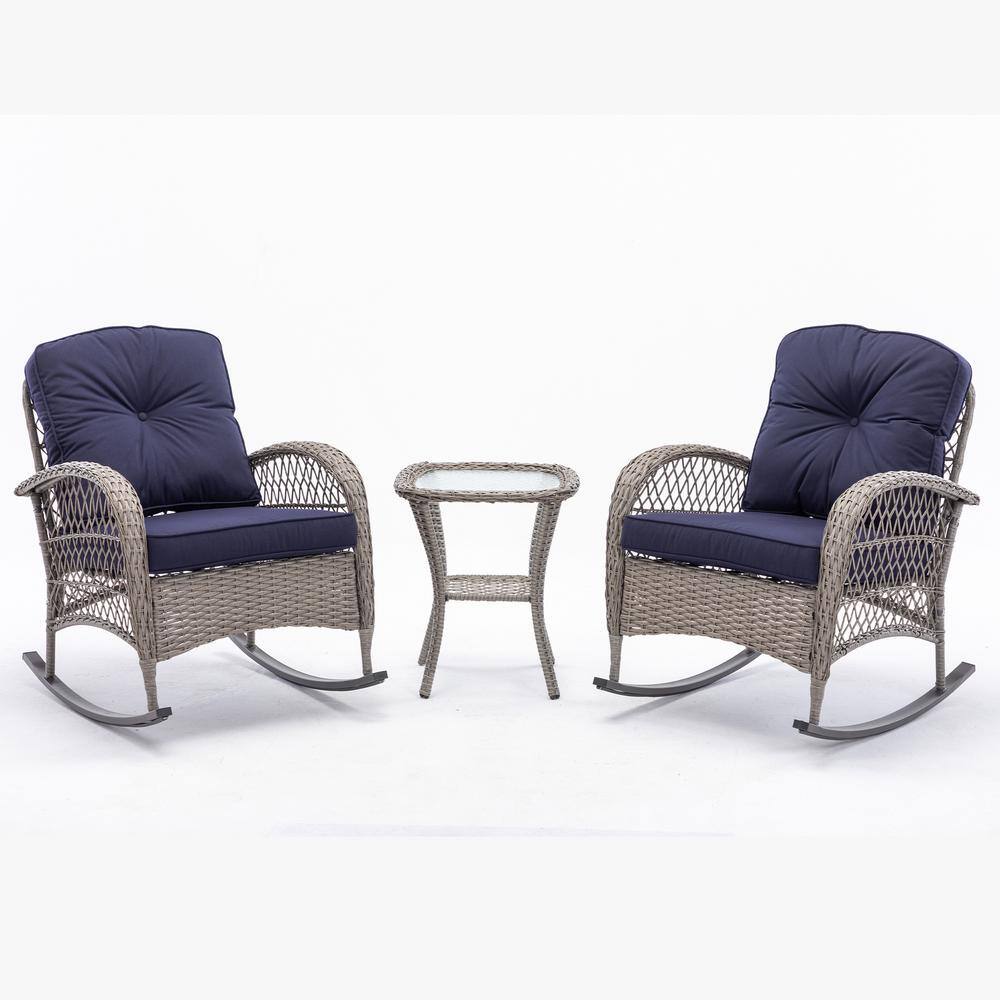 3-Piece PE Wicker Outdoor Rocking Chair Set with Navy Blue Cushions, Swivel