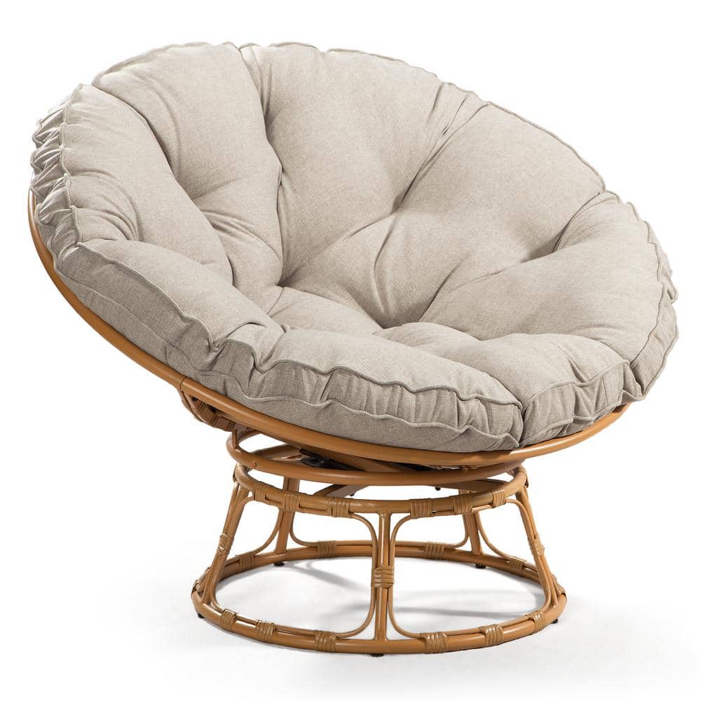 Brown Yellow Wicker Outdoor Patio Papasan Lounge Chair with Beige Polyester
