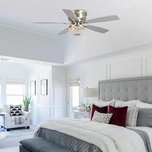 48 in. Satin Nickel Flush Mount Crystal Ceiling Fan with-Light and Remote Control