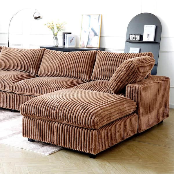 Lawson Cloud Couch 118 in. Square Arm Faux Rabbit Fur Velvet Modular Sofa with Ottoman, Washable Covers in. Brown