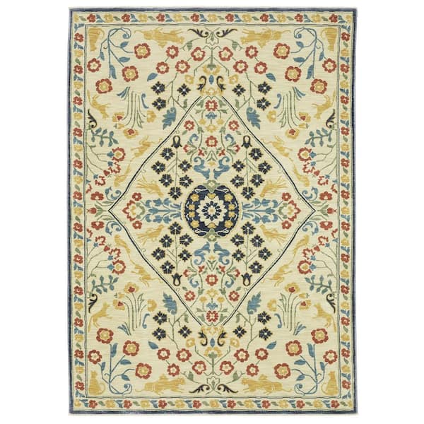 AVERLEY HOME Fleetwood Ivory/Multi-Colored 5 ft. x 8 ft. Floral Medallion Polypropylene Fringe Edge Indoor Area Rug