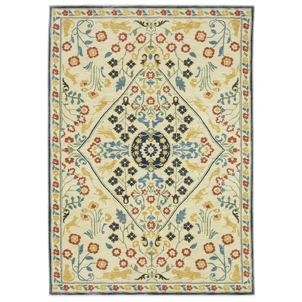 AVERLEY HOME Fleetwood Ivory/Multi-Colored 8 ft. x 11 ft. Floral Medallion Polypropylene Fringe Edge Indoor Area Rug