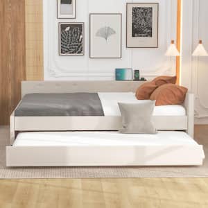 Button-Tufted Beige Wood Frame Queen Linen Upholstered Platform Bed with Twin Size Trundle, USB Charging, Bedrail