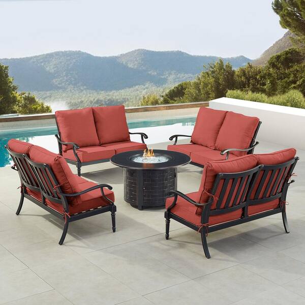 Oakland Living Black 5-Piece Aluminum Patio Fire Pit Set with Red Cushions