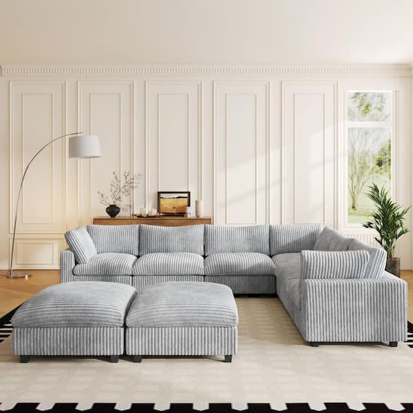 157.48 in. Square Arm Oversized Rabbit Hair Plush Fabric 8-Piece Modular Sectional Sofa with Ottoman in. Gray