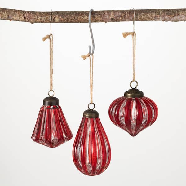 SULLIVANS 4.5 in. 3.5 in. and 3.5 in. Striped Finial Christmas Ornament - Set of 3, Red Christmas Ornaments