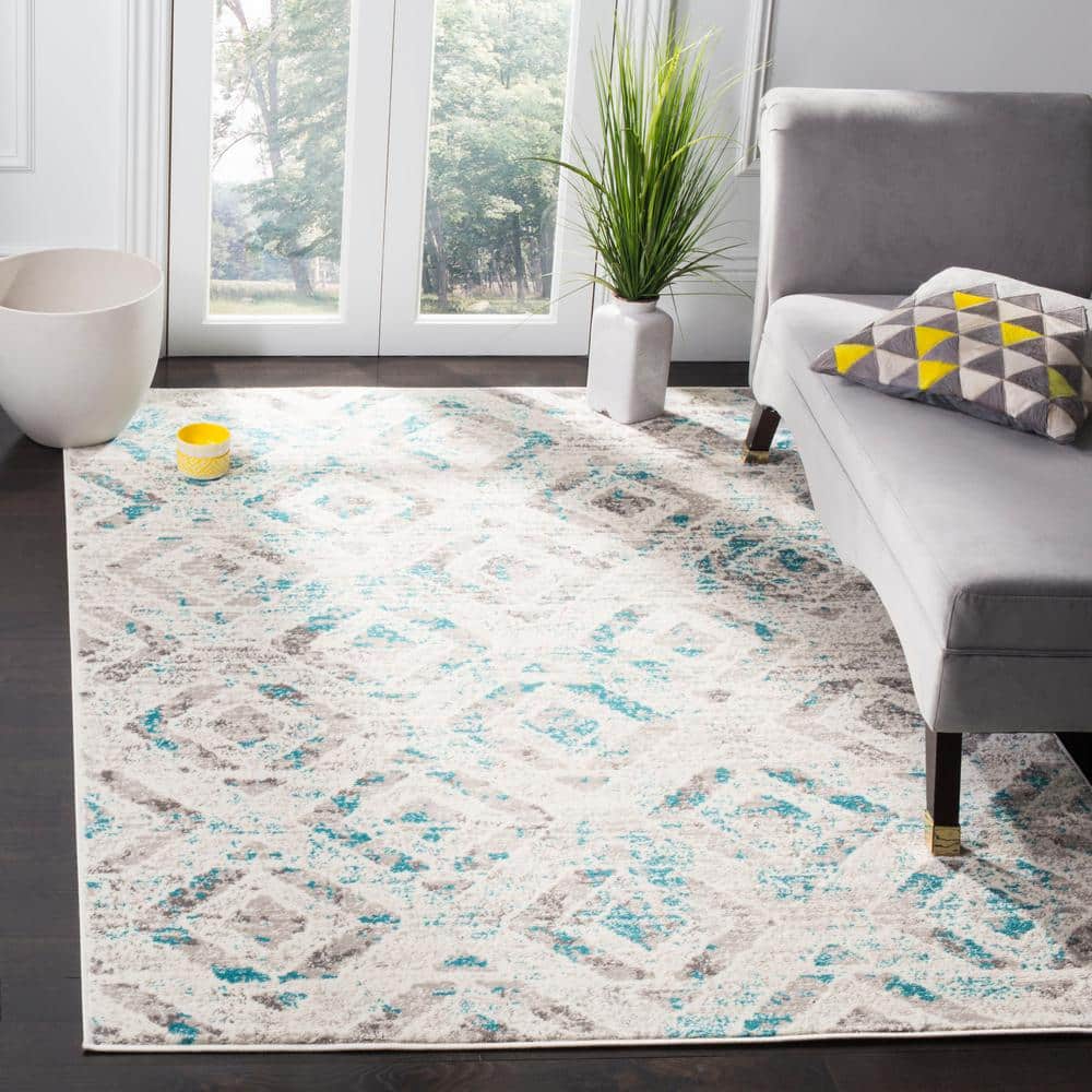 Skyler Ivory and Blue Geometric 4' x 4' Square Rug