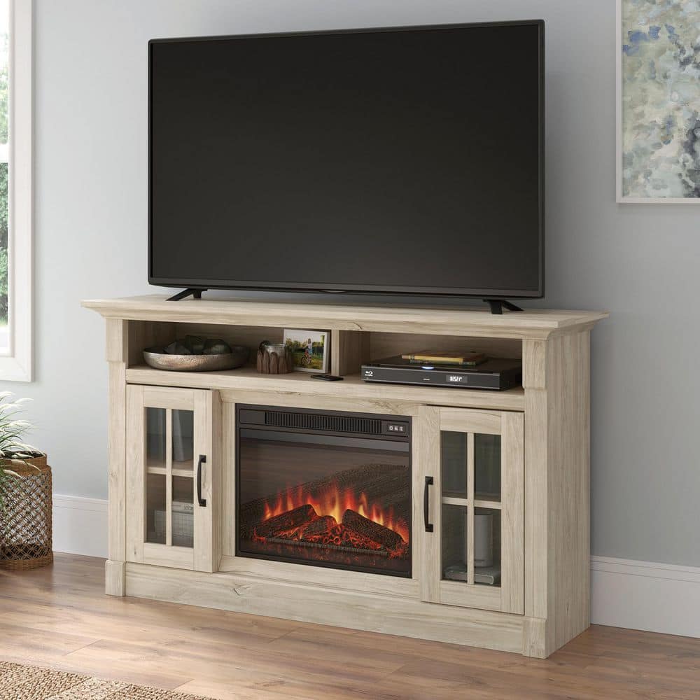 Chalk Oak 60" Fireplace TV Credenza with Glass Doors