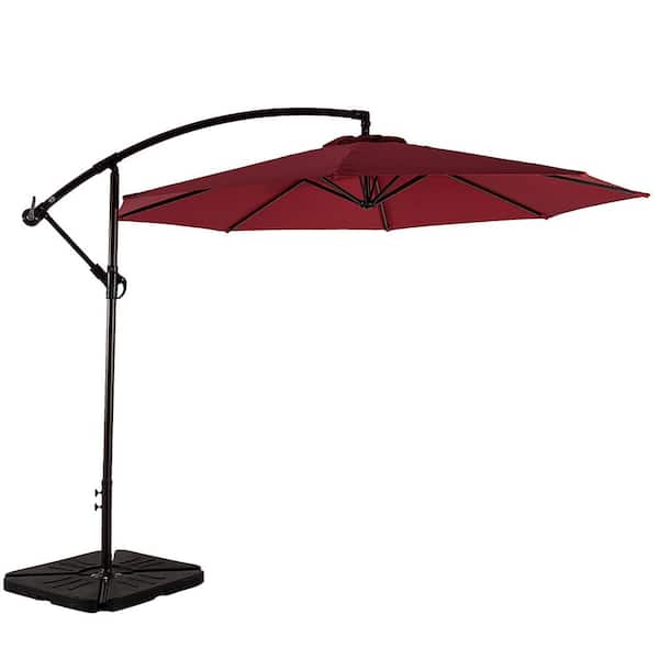 WESTIN OUTDOOR Bayshore 10 ft. Crank Lift Cantilever Hanging Offset Patio Umbrella in Red with Base Weights