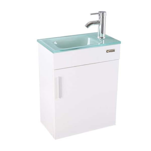 eclife 18.4 in. W x 10.5 in. D x 23.5 in. H Wall Hung Wall-Mounted Bath Vanity in White with Clear Integrated Glasses Sink Top