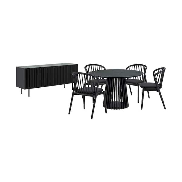 Armen Living Pasadena Echo 6-Piece Round Black Wood Top Dining Room Set Seats 4