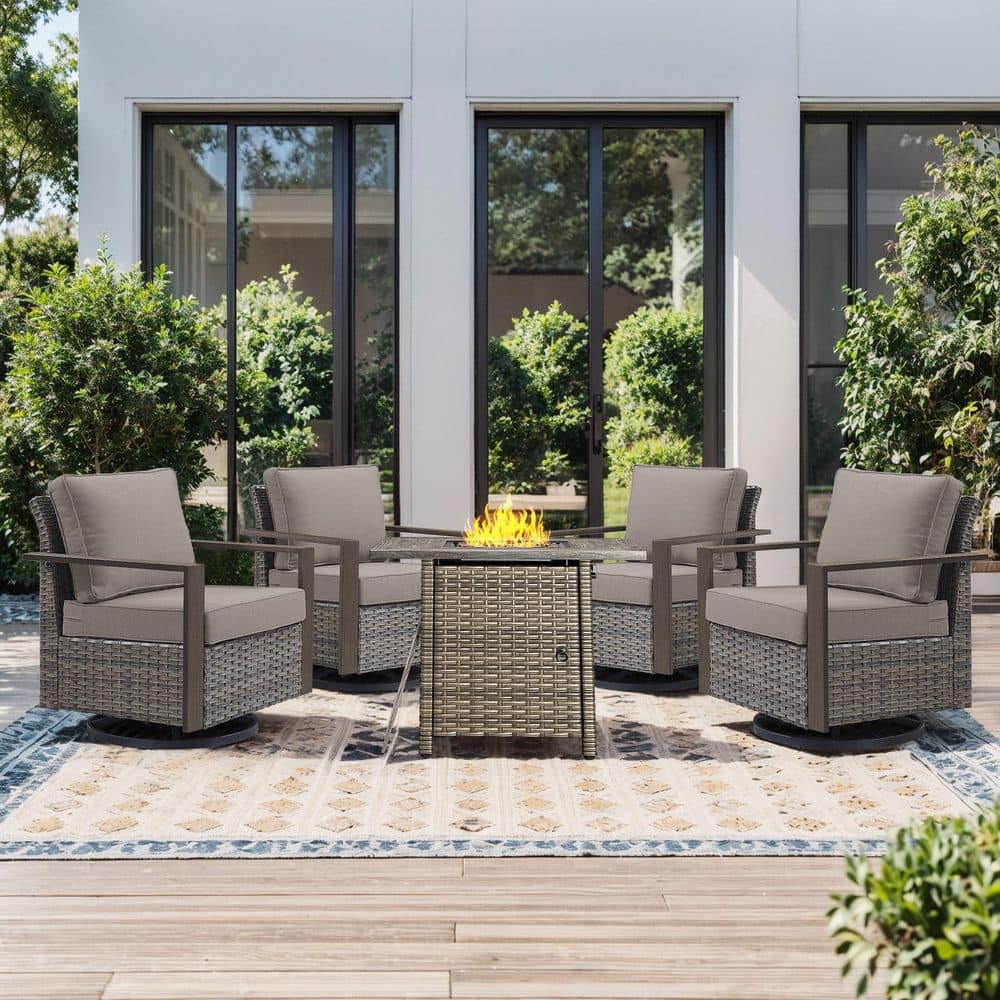 Funky 5-Piece Gray Wicker Patio Conversation Set with 50000 BTU Gas Fire Pit Table and Rocking Chairs with Gray Cushions price history on PriceWatchPro
