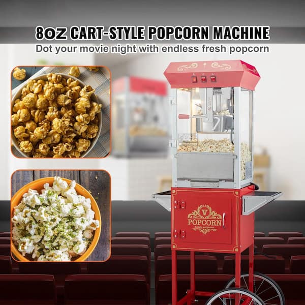 8 oz. Commercial Popcorn Machine 850-Watt Theater Popper on Wheels, 48-Cups per Batch,Tempered Glass Doors, Red