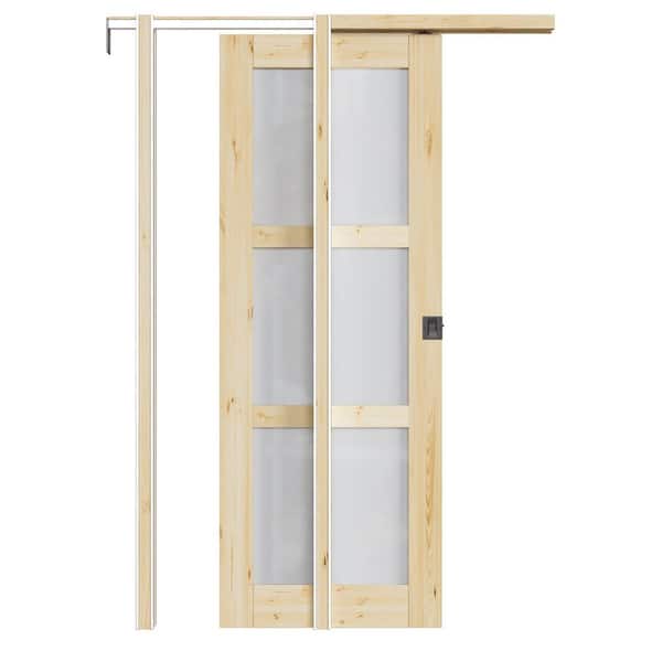 ARK DESIGN 30 in. x 80 in. 3-Lite Frosted Glass Unfinished Pine Wood Pocket Door with Hardware (Soft Close and Black Lock Incl)