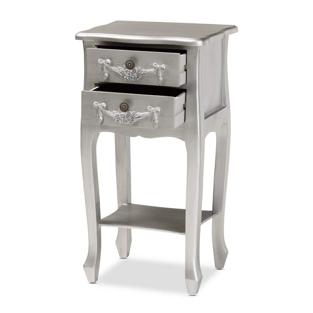 Eliya Silver Brushed Wood 2-Drawer Accent Table with Carved Details