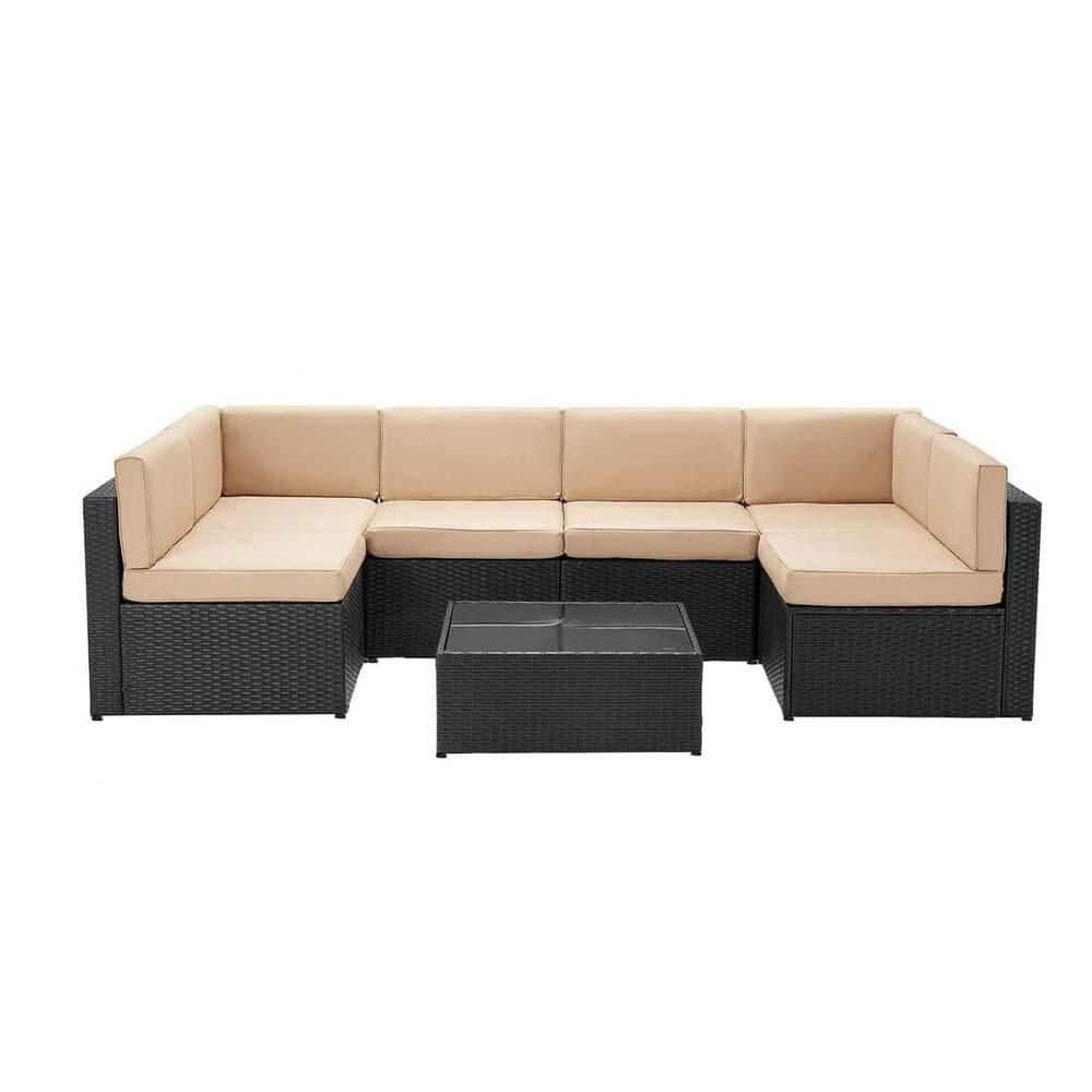 7-Pieces Black Wicker Outdoor Sofa Sectional Set with Khaki Cushions and Coffee Table price history on PriceWatchPro
