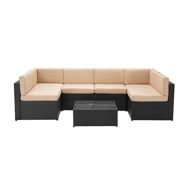 Sudzendf 7-Pieces Black Wicker Outdoor Sofa Sectional Set with Khaki Cushions and Coffee Table