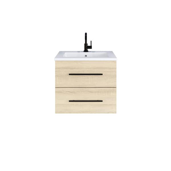 VOLPA USA AMERICAN CRAFTED VANITIES Napa 24 W x 20 D x 21-5/8 H Single Sink Bathroom Vanity Wall Mounted In White Oak with Acrylic Integrated Countertop