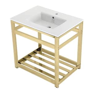 31 in. Ceramic Console Sink (1-Hole) with Stainless Steel Base in Polished Brass