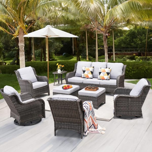 XIZZI Moonlight Gray 8-Piece Wicker Patio Conversation Seating Sofa Set with Gray Cushions and Swivel Rocking Chairs