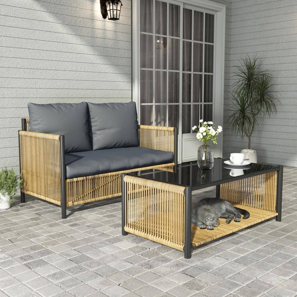 New Comming PE Brown Wicker Outdoor Loveseat with Gray Cushions and Table S