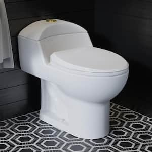 Chateau 1-piece 1.1/1.6 GPF Dual Flush Elongated Toilet in Glossy White with Brushed Gold Hardware Seat Included