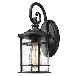 1-Light Black Outdoor Lantern Wall Light Sconce With Seeded Glass Shade