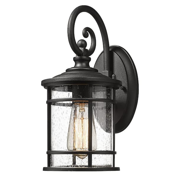 JAZAVA 1-Light Black Outdoor Lantern Wall Light Sconce With Seeded Glass Shade