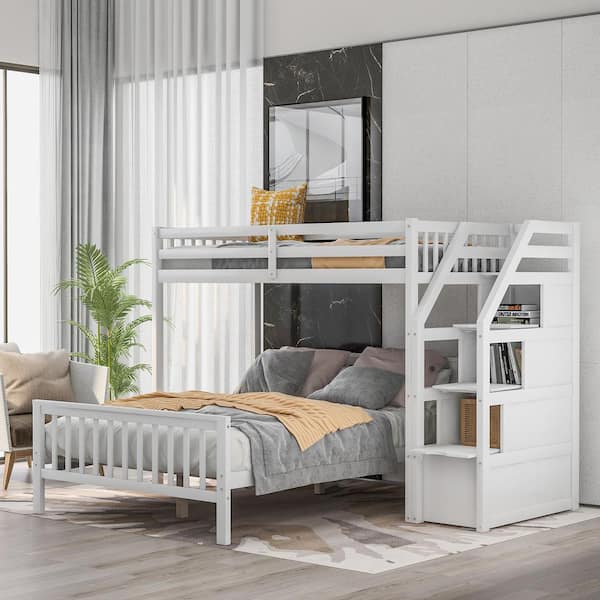 Qualler White Twin over Full Loft Bed with Storage