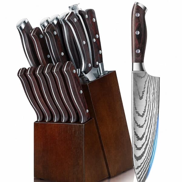 16-Piece Japanese High-Carbon Stainless Steel Knife Block Set with Pakkawood Handle and Laser Pattern