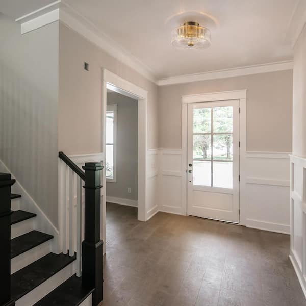 Kost 14 in. 3-Light Gold Modern Semi Flush Mount Ceiling Light with Ribbed Glass