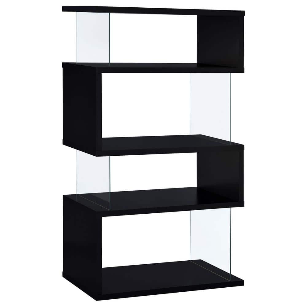 Contemporary Zigzag 63" Black Bookshelf with Glass Supports