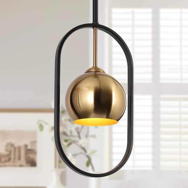 Zevni 1-Light Black Kitchen Island Globe Pendant Light, Brass-Plated Industrial Pendant Hanging Light, Modern Oval Chandelier