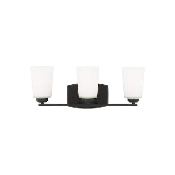 Generation Lighting Franport 21 in. 3-Light Matte Black Traditional Chic Wall Bathroom Vanity Light with Etched White Glass Shades