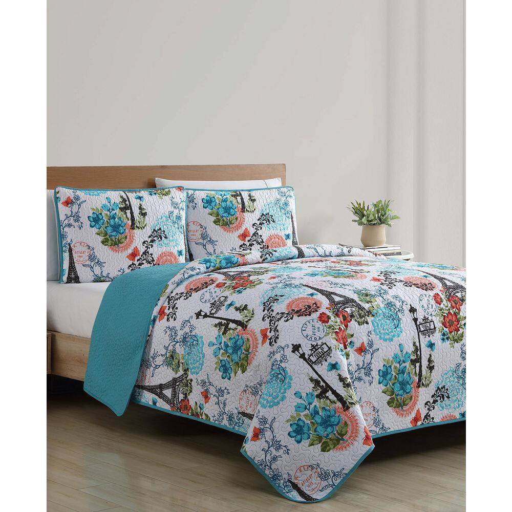 Eiffel Blue Reversible Microfiber King Quilt Set