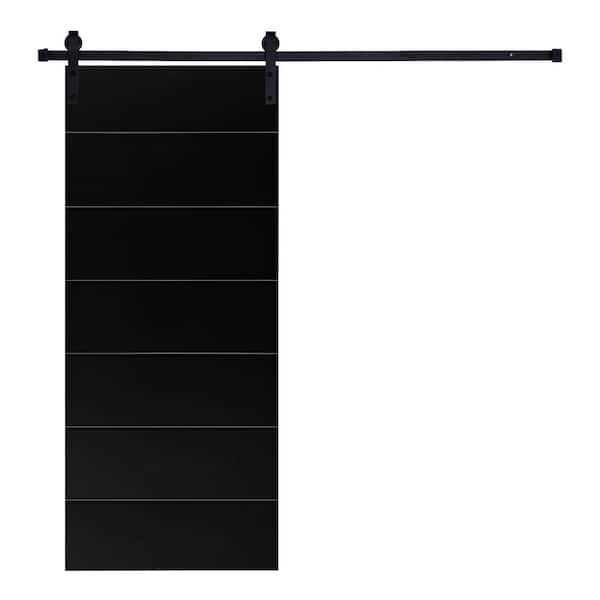 Unbranded Modern LINE Designed 96 in. x 30 in. MDF Panel Black Painted Sliding Barn Door with Hardware Kit