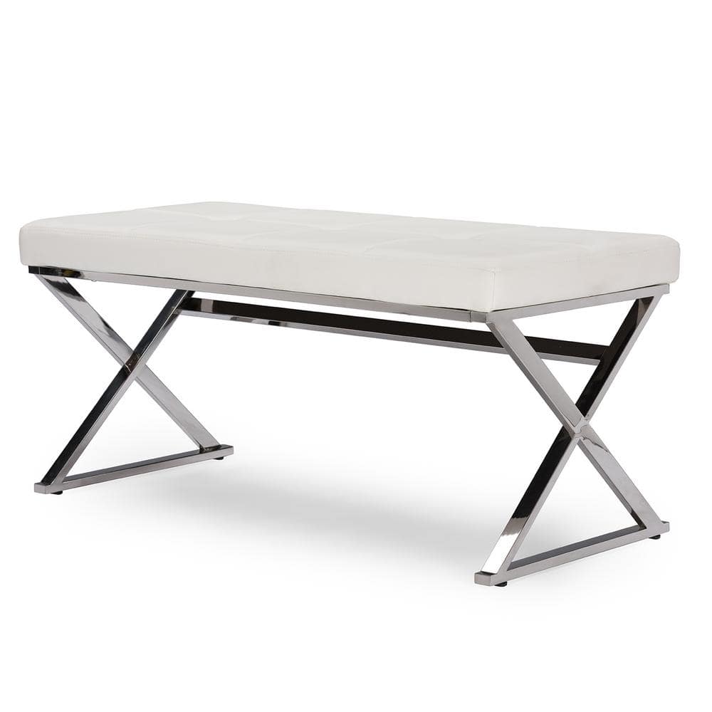 Herald White Faux Leather and Stainless Steel Rectangular Bench