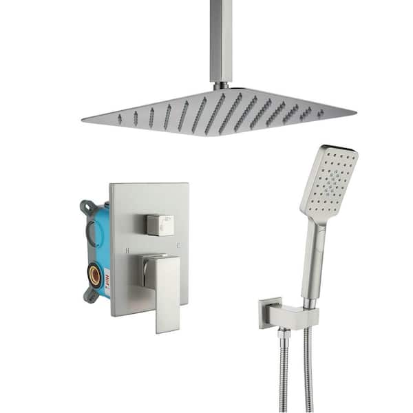 RAINLEX 12 in. Ceiling Mounted Single-Handle 1-Spray Square High Pressure Shower Faucet in Brushed Nickel (Valve Included)