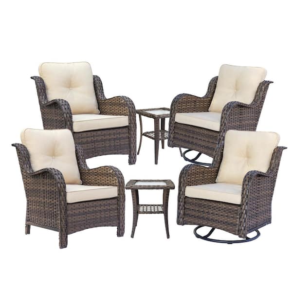 Brown 6-Piece Wicker Patio Conversation Set Outdoor Armchairs and Swivel Chairs Side Table with Beige Cushions