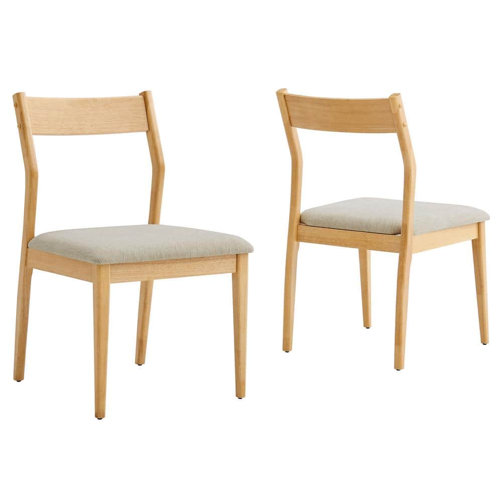 Natural Wood and Beige Upholstered Side Chair with Slat Back