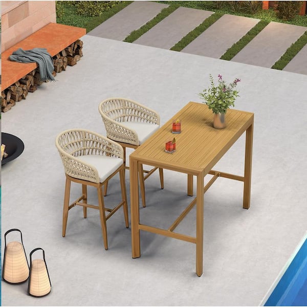 Modern Aluminum Bar Height Top Table and Rattan Outdoor Bar Stool Set with Beige Cushion (3-Pack)