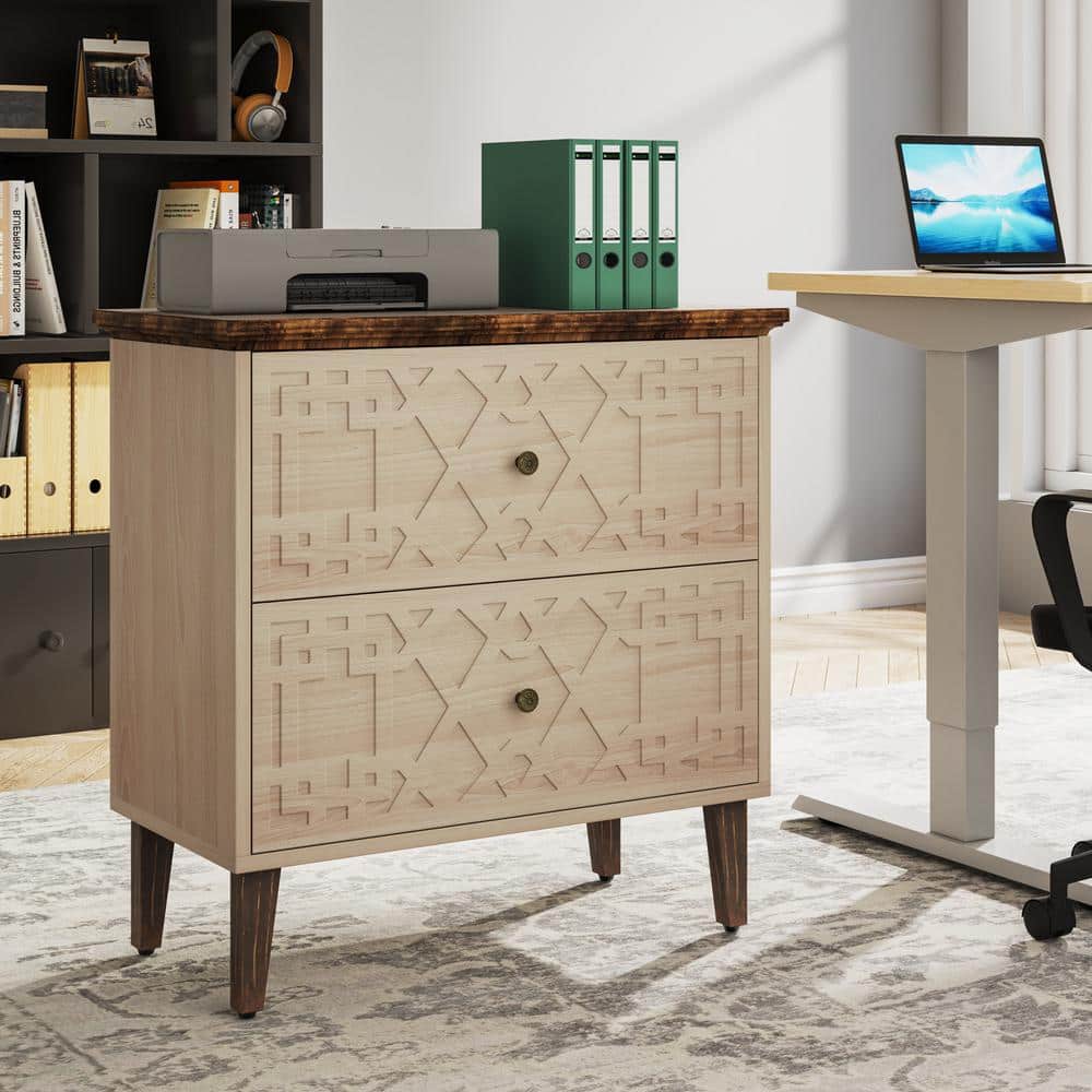 Beige and Brown 2-Drawer Wooden Legal Size File Cabinet