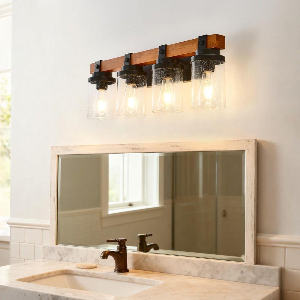 Orbe 4 Light Matte Black and Wooden Vanity Light with Clear Glass (No Bulbs) for Dining Room, Hallway, Bedroom price history on PriceWatchPro