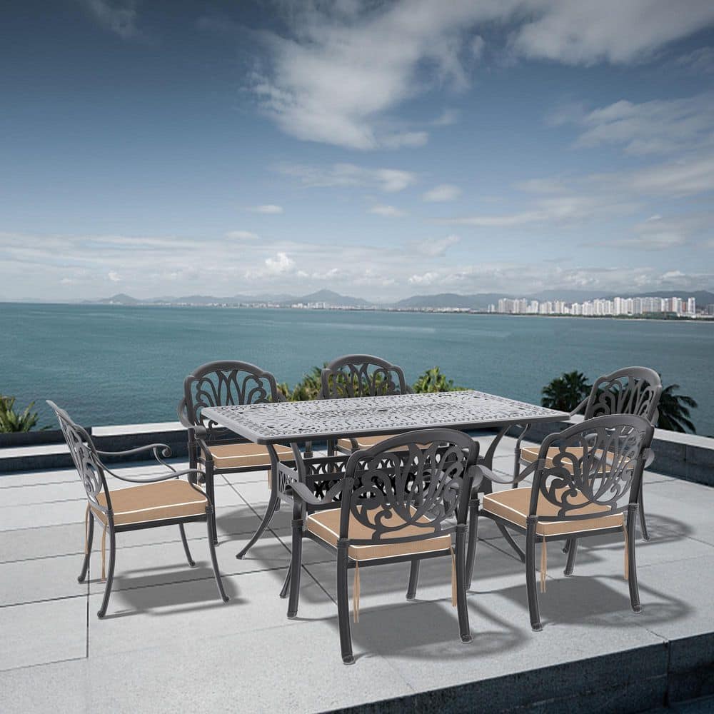 Black 7-Piece Cast Aluminum Outdoor Dining Set with Brown Cushions and Stackable Design durable construction price history on PriceWatchPro