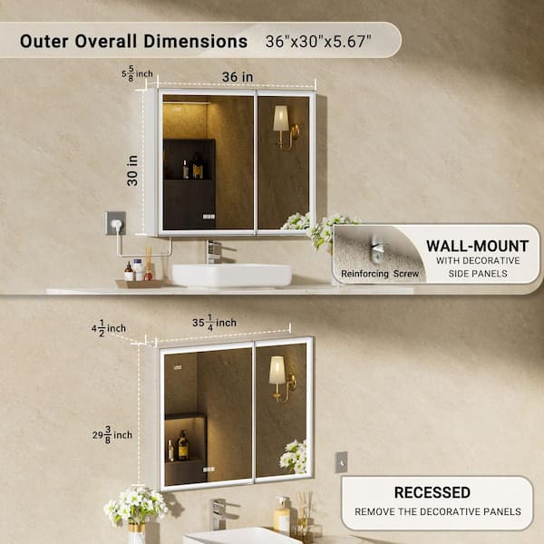 Nova 36 in. W x 30 in. H Rectangular Aluminum Recessed/Wall Mount Dimmable Fogless Lighted Medicine Cabinet with Mirror