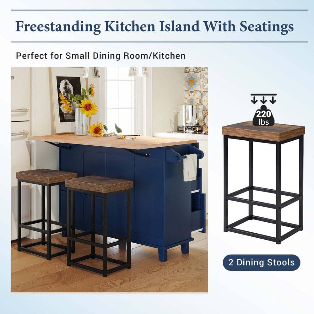 Blue Solid Wood Kitchen Island with Drawers and Storage Cabinet