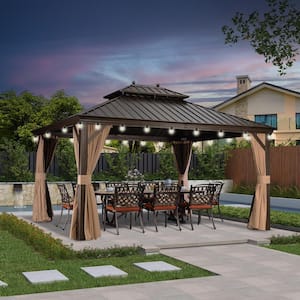 12 ft.x 14 ft.Bronze Patio Outdoor Gazebo for Backyard Hardtop Aluminum Frame with Hooks,Netting,Khaki Curtain,24 Lights